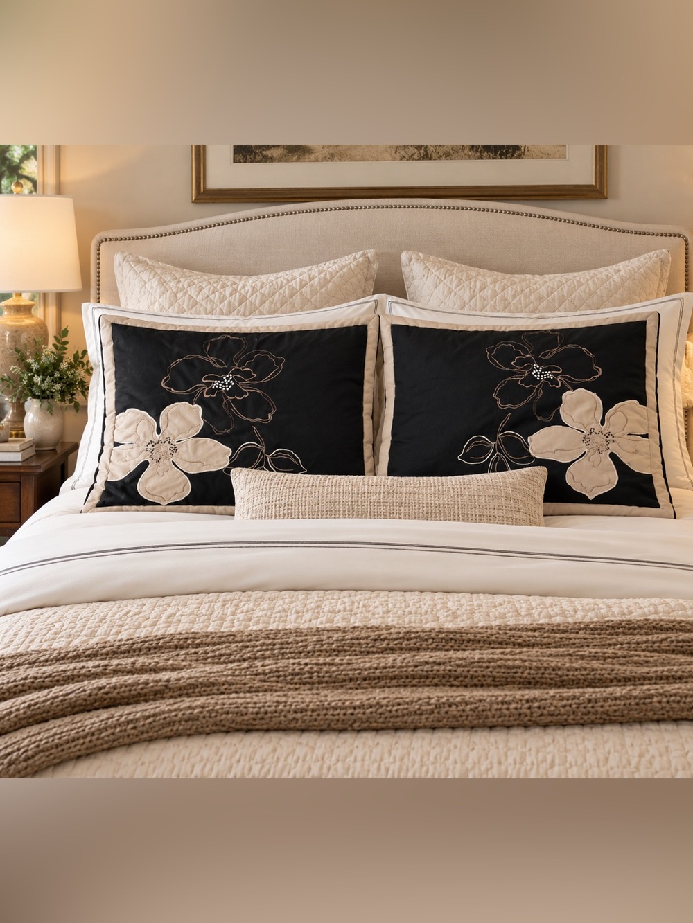 JCP Home Pillow Sham Floral Pattern Embroidered Queen 20” x 30” Black & Tan